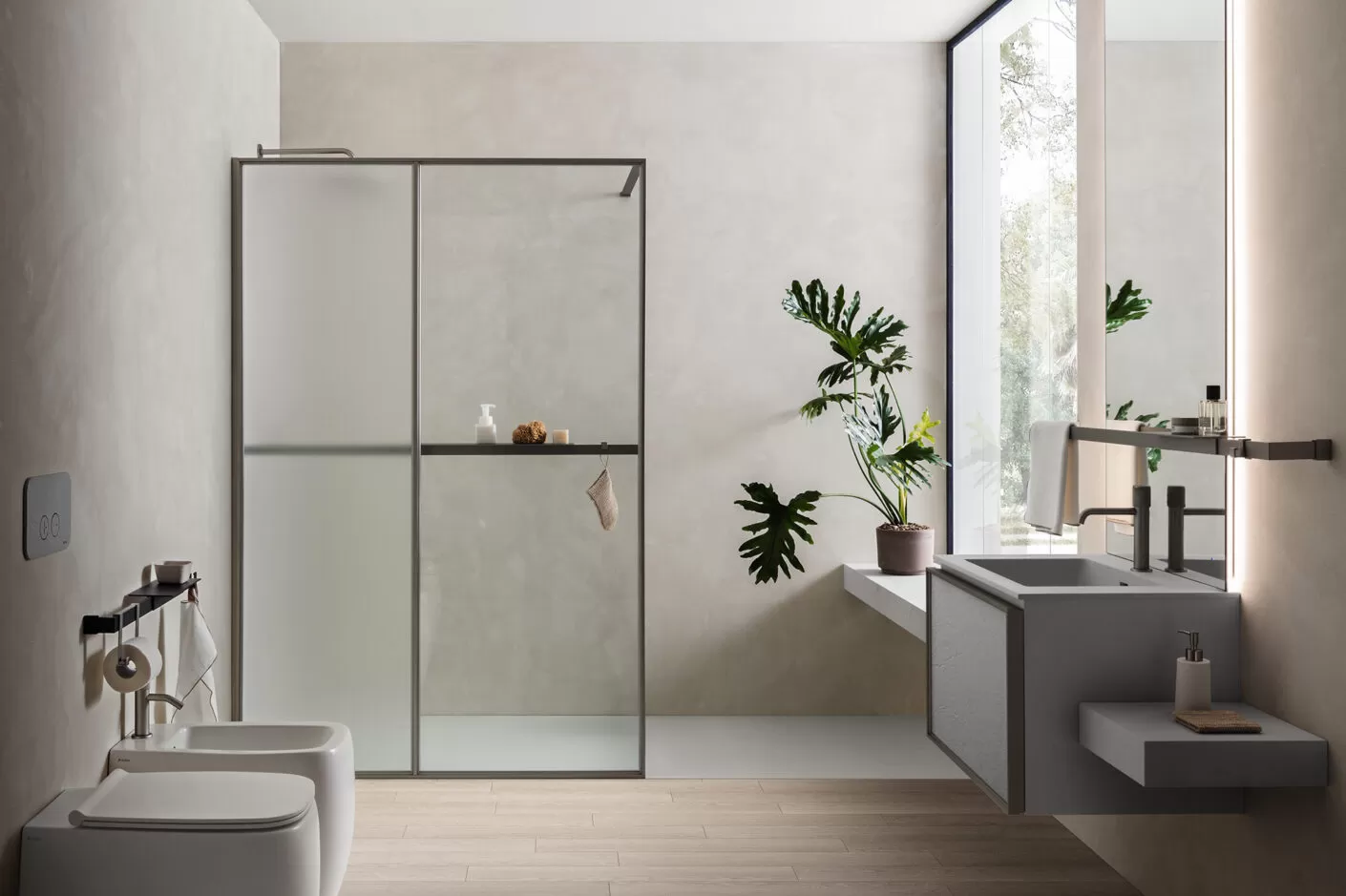 bagno moderno con piatto doccia filo pavimento
